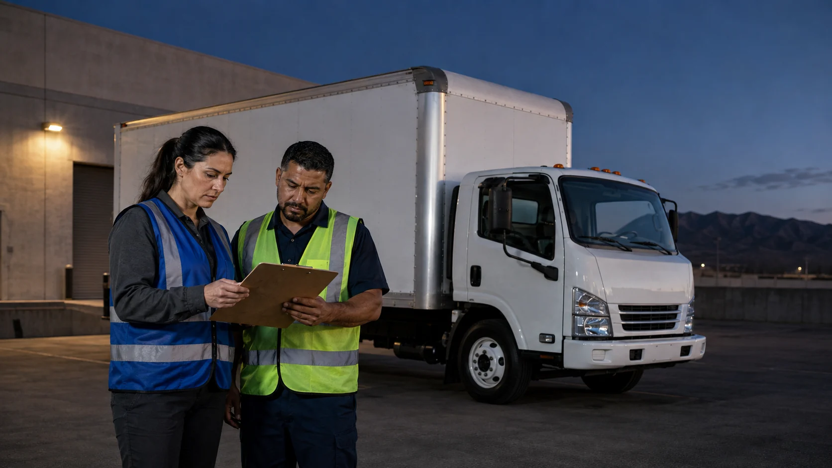 A warehouse coordinator and truck driver reviewing a plain manifest beside an unbranded box truck
