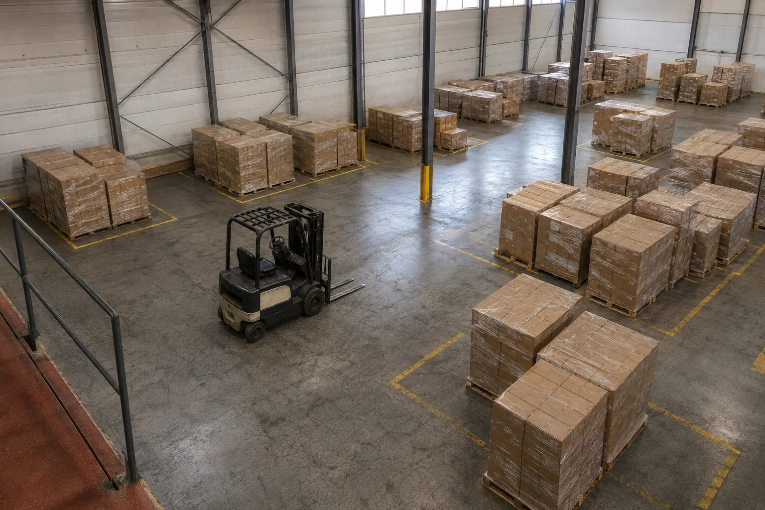 A high oblique view of staggered pallet staging areas in a practical warehouse