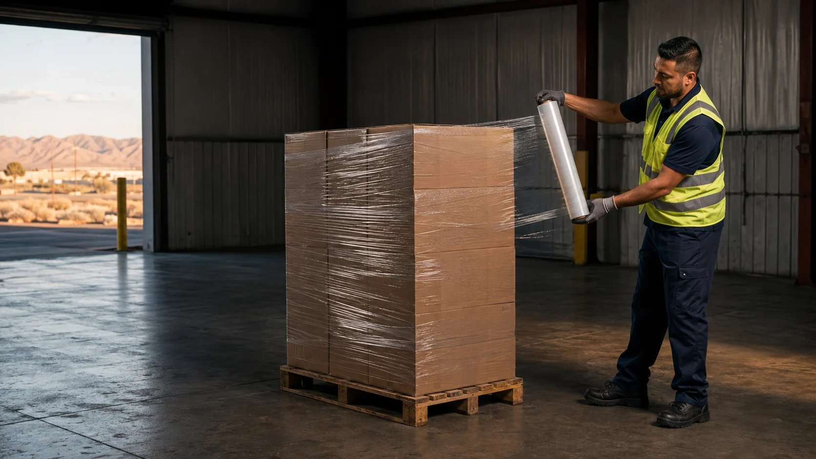 A warehouse worker safely hand-wrapping a stable pallet with clear stretch film